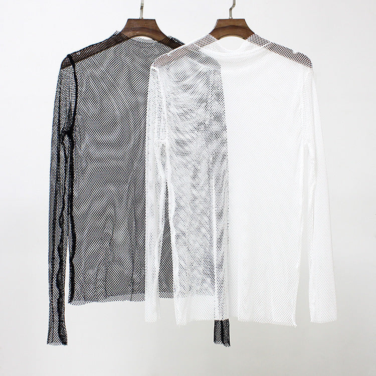 Stand Collar Long Sleeve Mesh Sheer Shirt