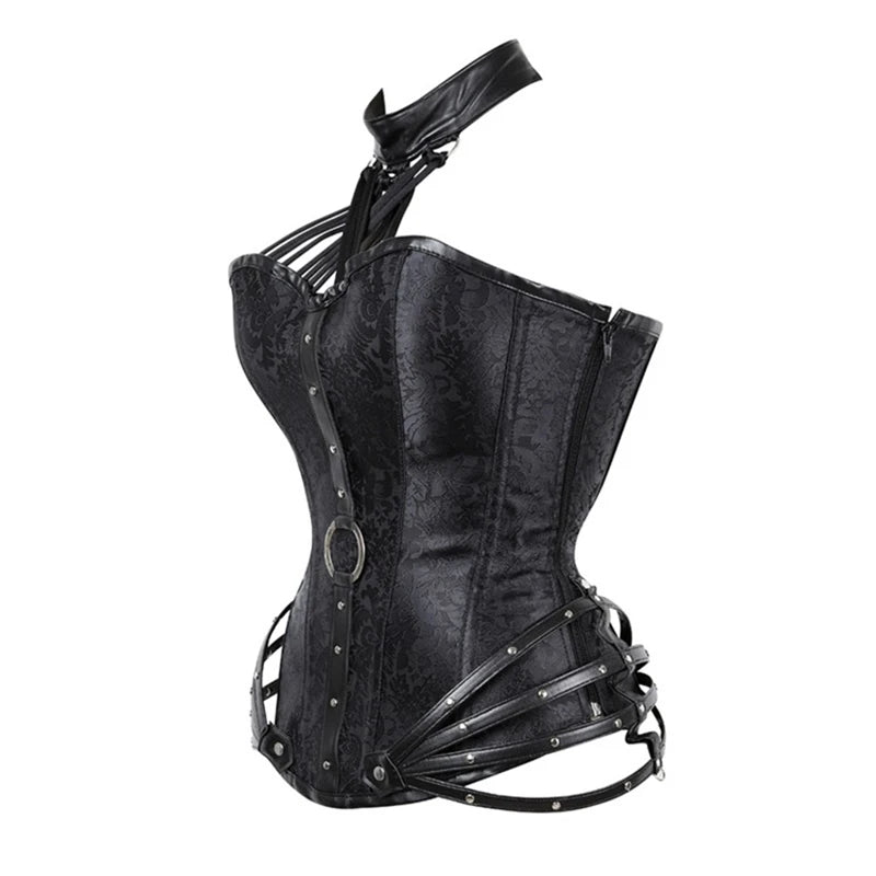 Steel Boned Corset, Gothic Steampunk, Faux Leather Details, Bustier Shapewear Waist