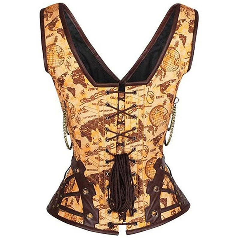 Steel Boned Corset, Gothic Steampunk, Faux Leather Details, Bustier Shapewear Waist
