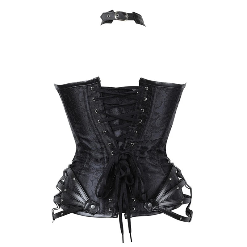 Steel Boned Corset, Gothic Steampunk, Faux Leather Details, Bustier Shapewear Waist