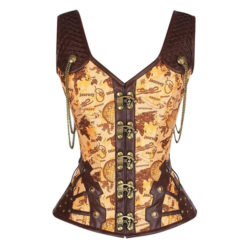 Steel Boned Corset, Gothic Steampunk, Faux Leather Details, Bustier Shapewear Waist