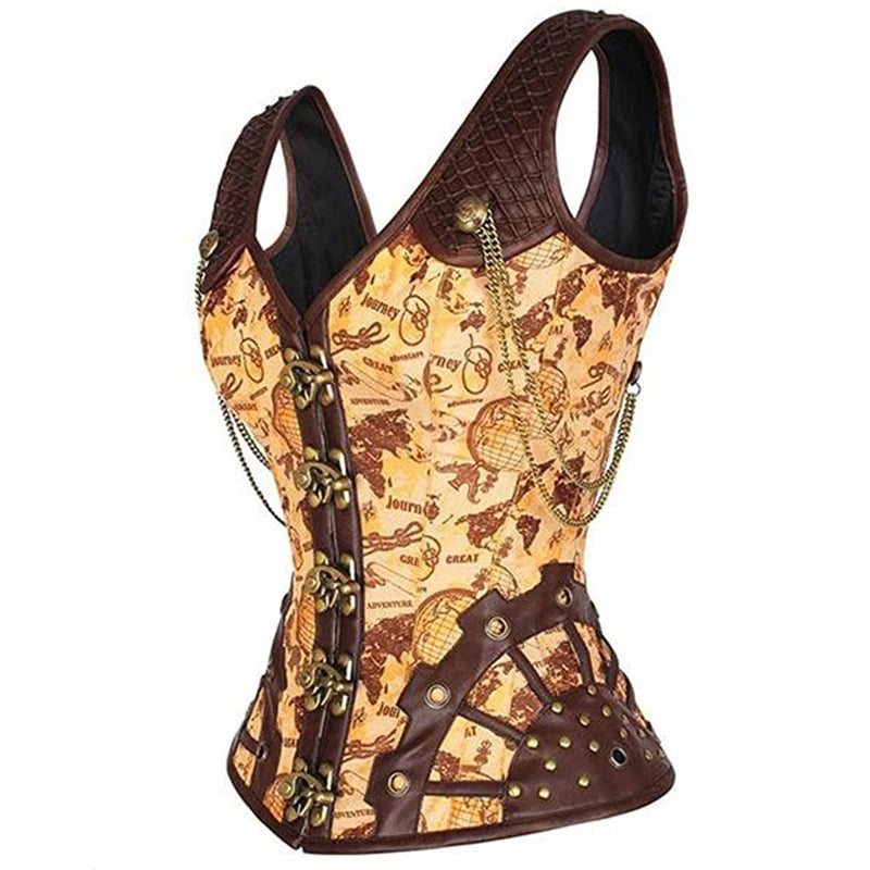 Steel Boned Corset, Gothic Steampunk, Faux Leather Details, Bustier Shapewear Waist