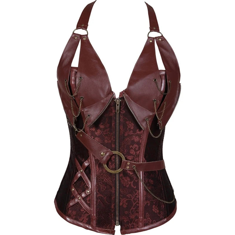 Steel Boned Corset, Gothic Steampunk, Faux Leather Details, Bustier Shapewear Waist