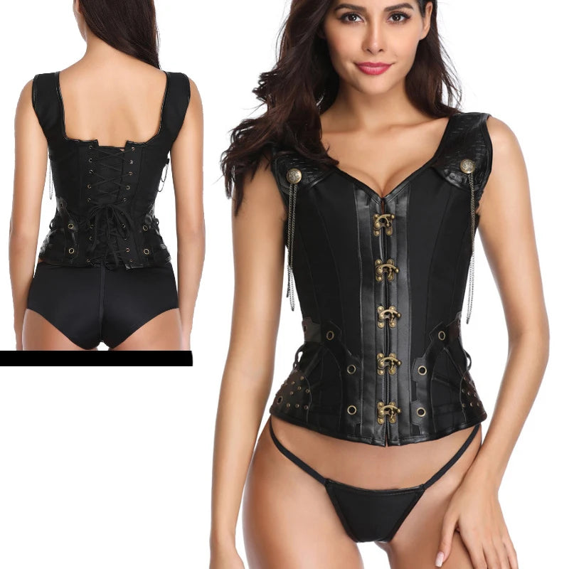 Steel Boned Corset, Gothic Steampunk, Faux Leather Details, Bustier Shapewear Waist