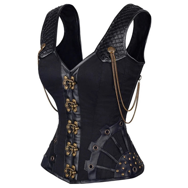 Steel Boned Corset, Gothic Steampunk, Faux Leather Details, Bustier Shapewear Waist