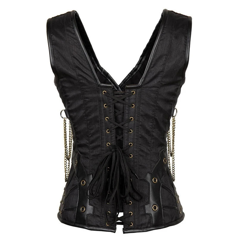 Steel Boned Corset, Gothic Steampunk, Faux Leather Details, Bustier Shapewear Waist