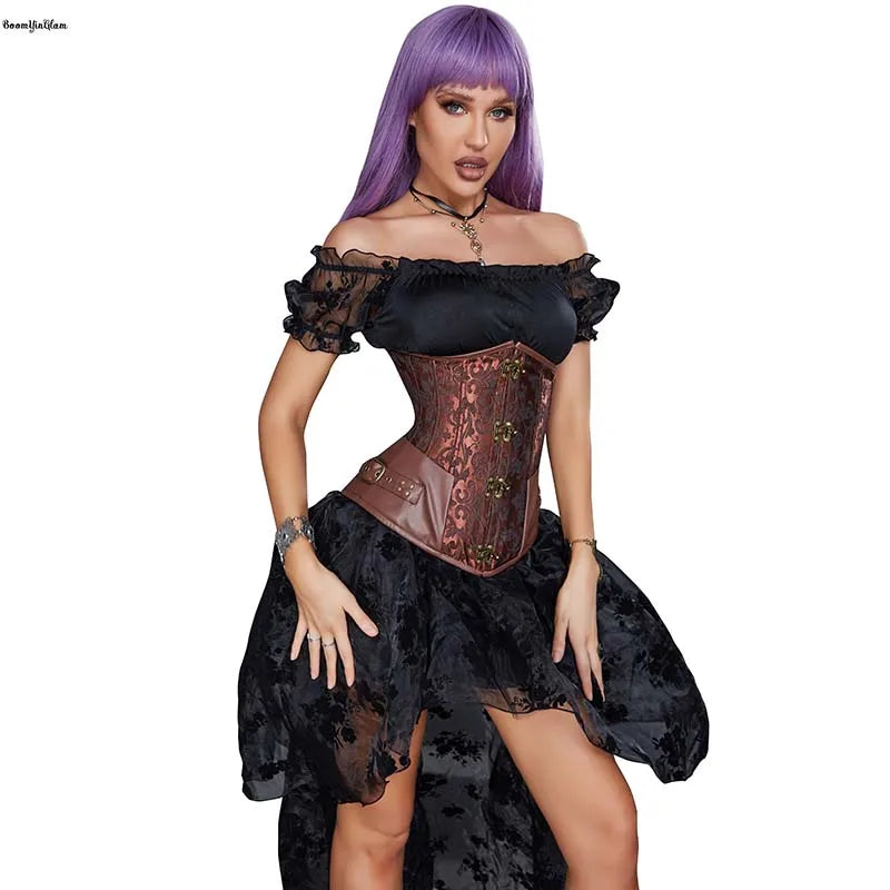 4 Claps Buckles 12 Spiral Steel Boned Korset Women's Jacquard Lace Up Leather Corselet Black Brown Steampunk Underbust Corset