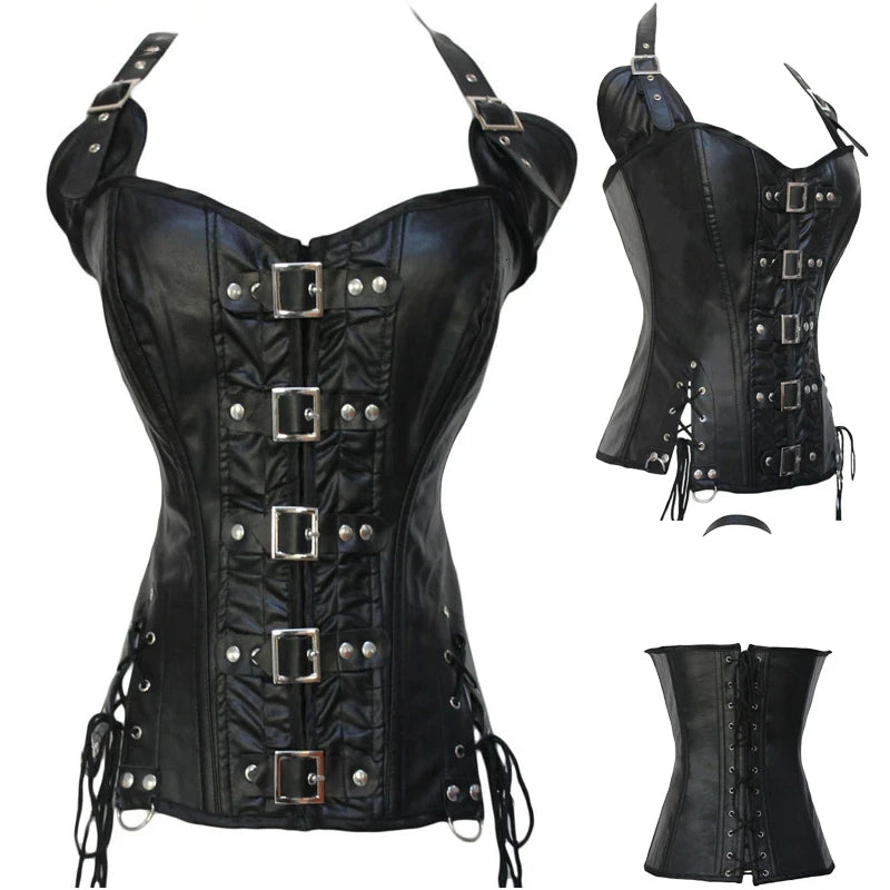 Steampunk Steel Boned Corset Top for Women Victorian Overbust Leather Waist Trainer, Gothic Lace-Up Bustier Cosplay Body Shaper
