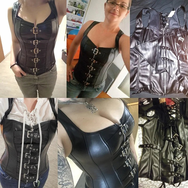 Steampunk Steel Boned Corset Top for Women Victorian Overbust Leather Waist Trainer, Gothic Lace-Up Bustier Cosplay Body Shaper