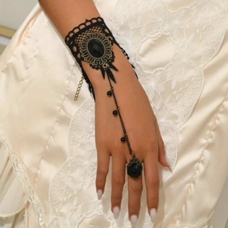 4pcs/set Gothic Dark Style Black Color Teardrop Pendant Lace Bracelet Ring Set Women's Personalized Holiday Punk Jewelry Gift