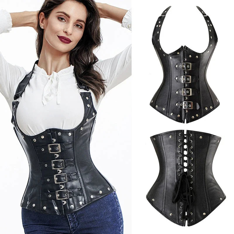 Steampunk Steel Boned Corset Top for Women Victorian Overbust Leather Waist Trainer, Gothic Lace-Up Bustier Cosplay Body Shaper