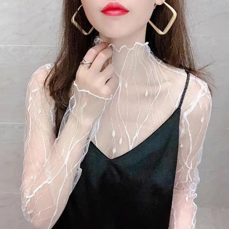 Fashion Women Long Sleeve Mesh Tops Sexy Mesh See Through Tank Tops Slim Ladies Turtleneck T-Shirt Summer Shirt Tunic For Girls