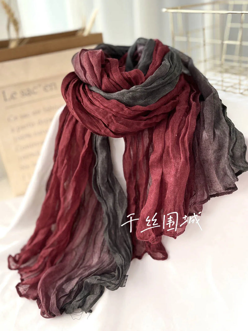 New Scarf Cotton Hemp Gradient Blue Autumn/Winter Retro Versatile Printed Women's Long Fold Shawl Elegant and Fashionable