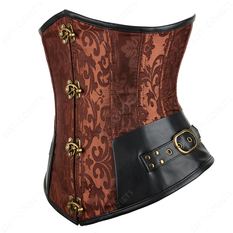 Brown Corset Women Steampunk Faux Leather Underbust Corset Steel Boned Bustier Gothic Chain Couture Corset Underbust
