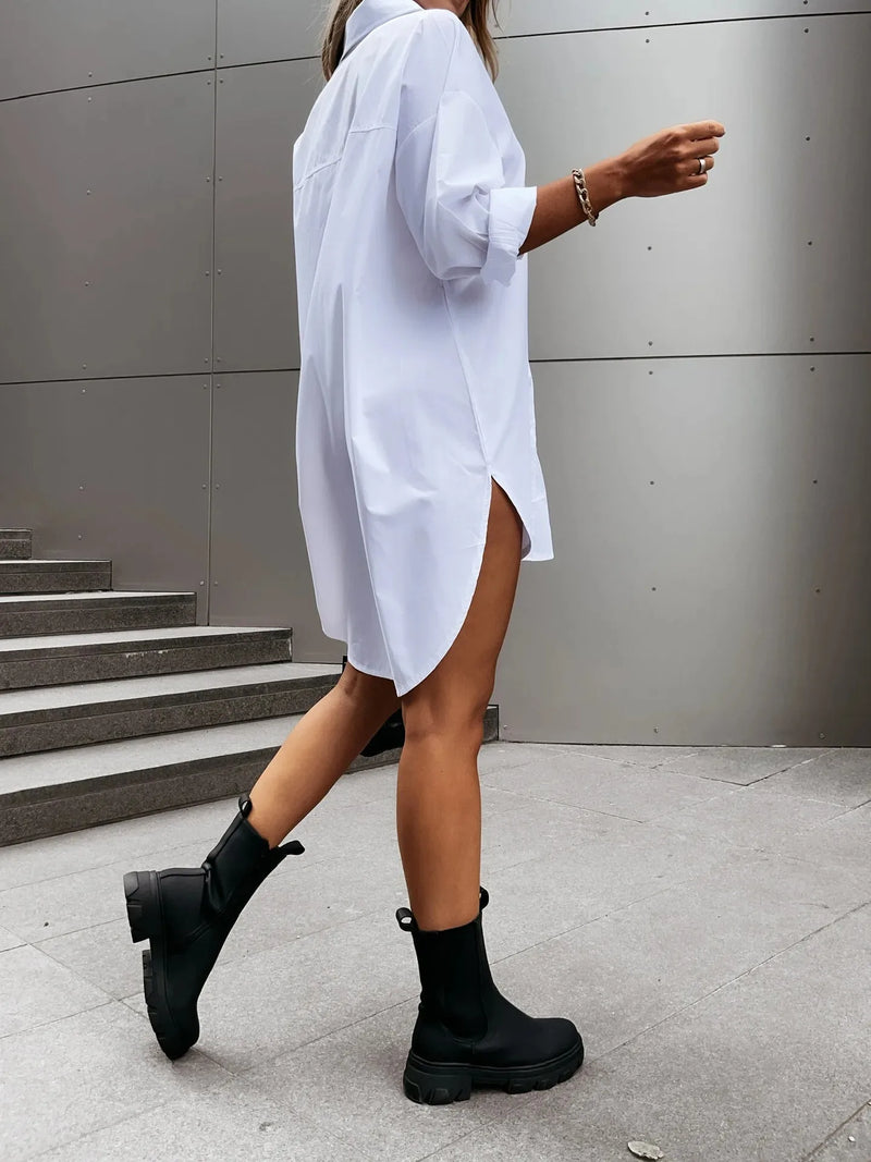 Button Shirt Dress - Solid White