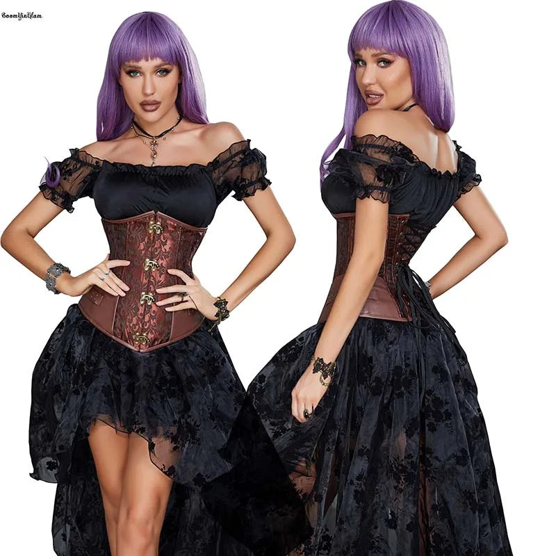 4 Claps Buckles 12 Spiral Steel Boned Korset Women's Jacquard Lace Up Leather Corselet Black Brown Steampunk Underbust Corset