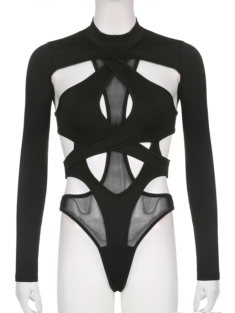 Combhasaki Women's Y2K Goth Backless Hollowed Jumpsuit Slim Long Sleeve High Neck Sheer Mesh Irregular Cutout Bodysuit Partywear