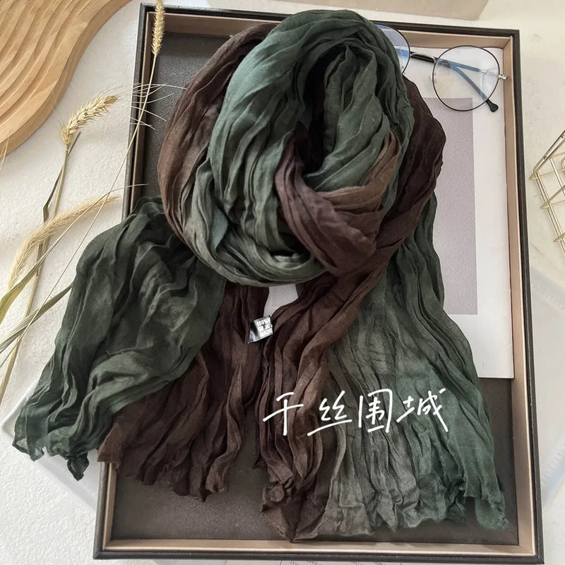 New Scarf Cotton Hemp Gradient Blue Autumn/Winter Retro Versatile Printed Women's Long Fold Shawl Elegant and Fashionable