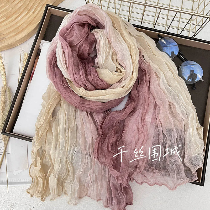 New Scarf Cotton Hemp Gradient Blue Autumn/Winter Retro Versatile Printed Women's Long Fold Shawl Elegant and Fashionable
