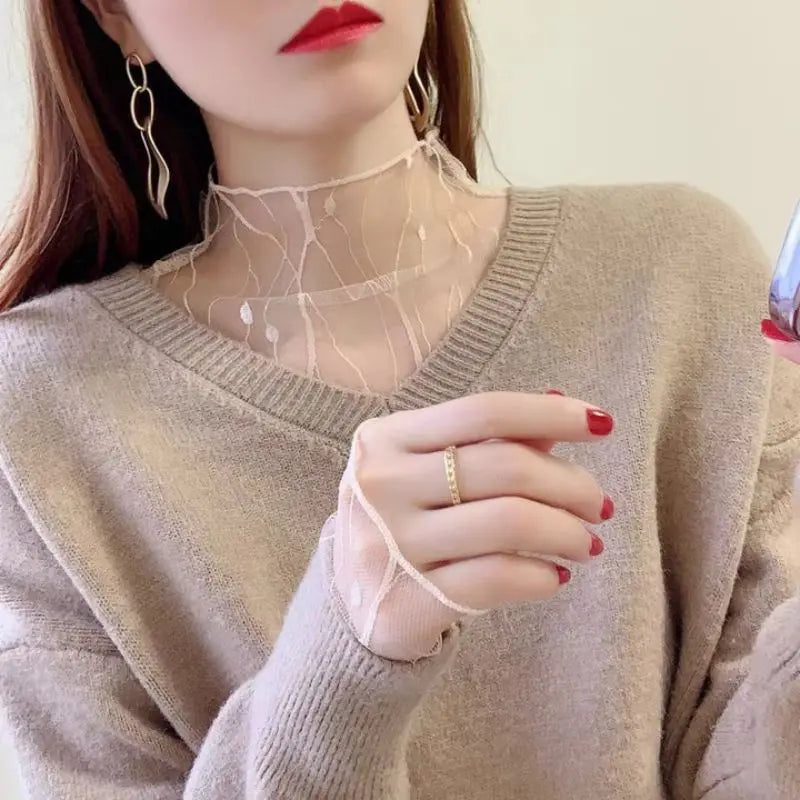 Fashion Women Long Sleeve Mesh Tops Sexy Mesh See Through Tank Tops Slim Ladies Turtleneck T-Shirt Summer Shirt Tunic For Girls