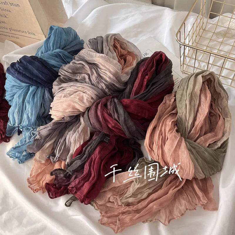 New Scarf Cotton Hemp Gradient Blue Autumn/Winter Retro Versatile Printed Women's Long Fold Shawl Elegant and Fashionable