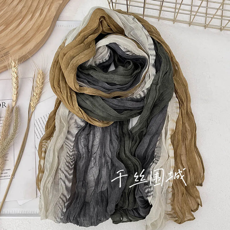 New Scarf Cotton Hemp Gradient Blue Autumn/Winter Retro Versatile Printed Women's Long Fold Shawl Elegant and Fashionable