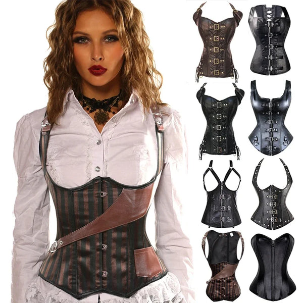 Steampunk Steel Boned Corset Top for Women Victorian Overbust Leather Waist Trainer, Gothic Lace-Up Bustier Cosplay Body Shaper