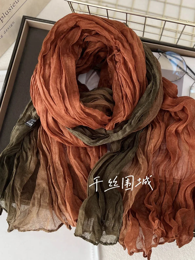 New Scarf Cotton Hemp Gradient Blue Autumn/Winter Retro Versatile Printed Women's Long Fold Shawl Elegant and Fashionable