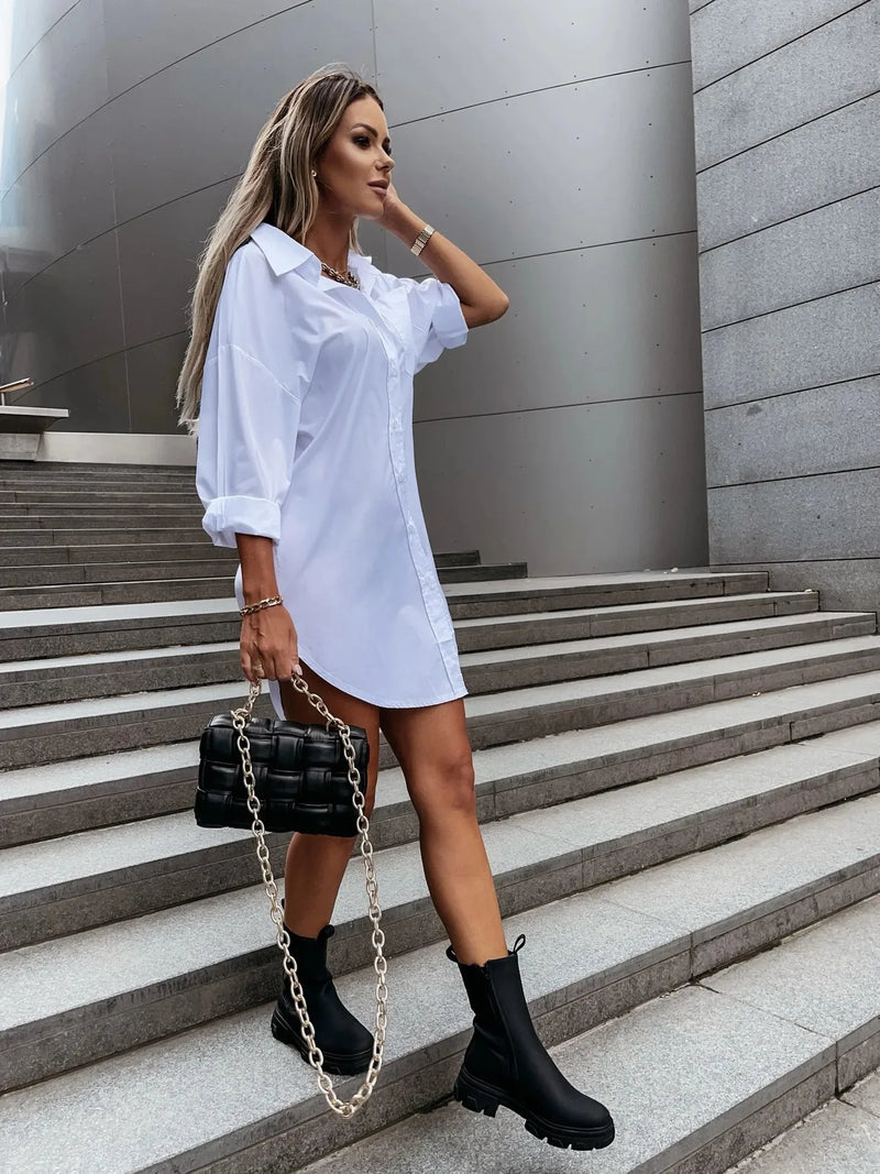 Button Shirt Dress - Solid White