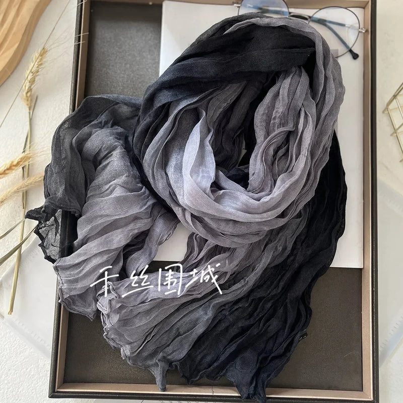 New Scarf Cotton Hemp Gradient Blue Autumn/Winter Retro Versatile Printed Women's Long Fold Shawl Elegant and Fashionable