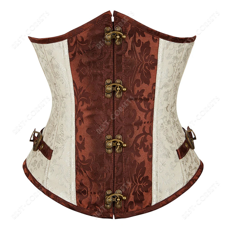 Brown Corset Women Steampunk Faux Leather Underbust Corset Steel Boned Bustier Gothic Chain Couture Corset Underbust