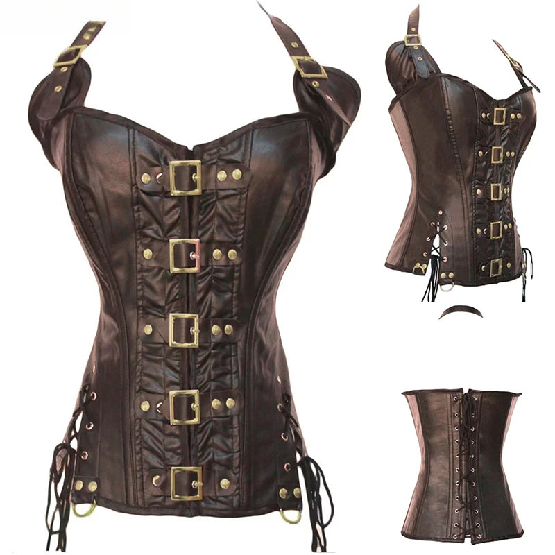 Steampunk Steel Boned Corset Top for Women Victorian Overbust Leather Waist Trainer, Gothic Lace-Up Bustier Cosplay Body Shaper