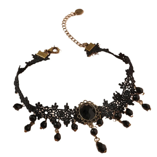 Vintag Classic Gothic Lace Choker for Women Black Imitation Crystal Pendant Charm Choker Necklaces Boho Christmas Gifts