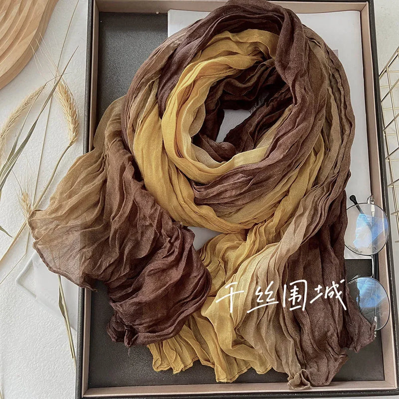 New Scarf Cotton Hemp Gradient Blue Autumn/Winter Retro Versatile Printed Women's Long Fold Shawl Elegant and Fashionable