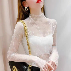 Fashion Women Long Sleeve Mesh Tops Sexy Mesh See Through Tank Tops Slim Ladies Turtleneck T-Shirt Summer Shirt Tunic For Girls