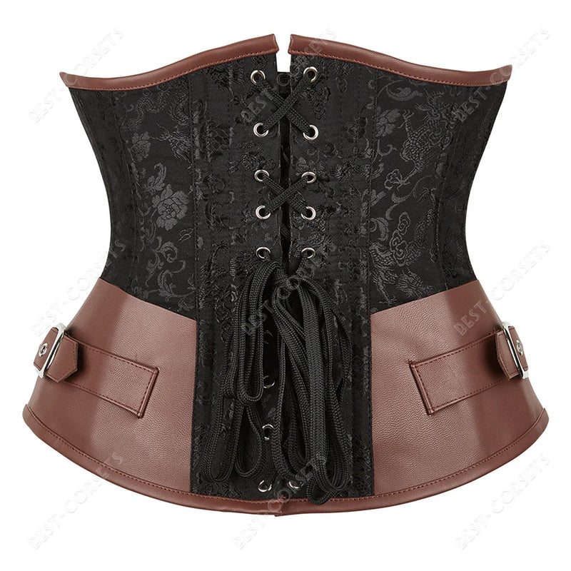 Brown Corset Women Steampunk Faux Leather Underbust Corset Steel Boned Bustier Gothic Chain Couture Corset Underbust