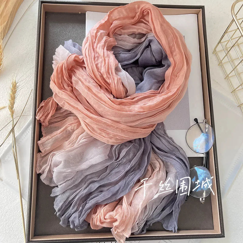 New Scarf Cotton Hemp Gradient Blue Autumn/Winter Retro Versatile Printed Women's Long Fold Shawl Elegant and Fashionable