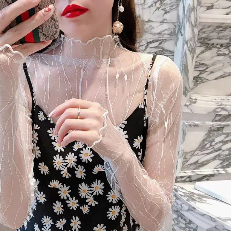 Fashion Women Long Sleeve Mesh Tops Sexy Mesh See Through Tank Tops Slim Ladies Turtleneck T-Shirt Summer Shirt Tunic For Girls