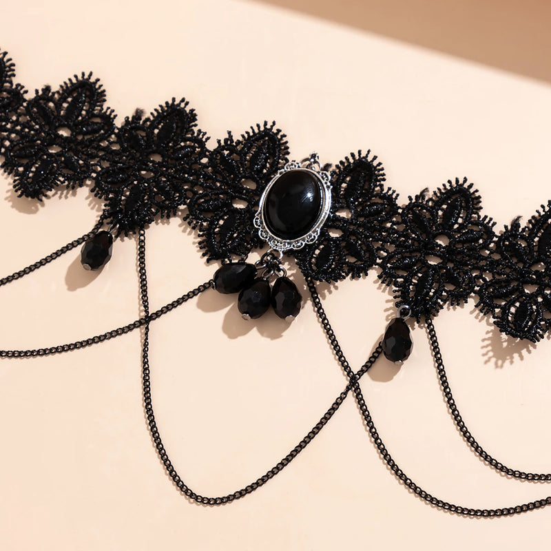 Lacteo Gothic Black Lace Rope Chain Necklace Crystal Beads Geometric Charm Chokers Collar Girls Women Party Y2K Jewelry New