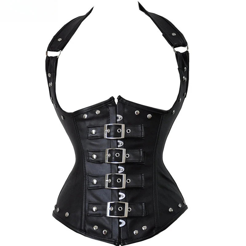 Steampunk Steel Boned Corset Top for Women Victorian Overbust Leather Waist Trainer, Gothic Lace-Up Bustier Cosplay Body Shaper