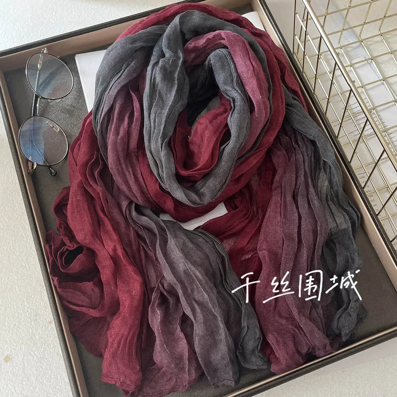 New Scarf Cotton Hemp Gradient Blue Autumn/Winter Retro Versatile Printed Women's Long Fold Shawl Elegant and Fashionable