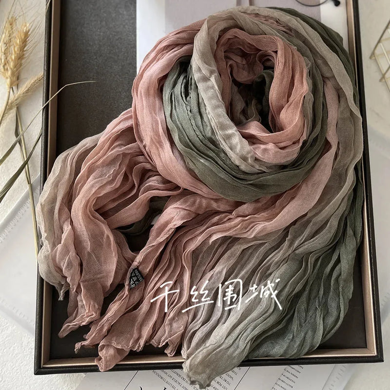 New Scarf Cotton Hemp Gradient Blue Autumn/Winter Retro Versatile Printed Women's Long Fold Shawl Elegant and Fashionable