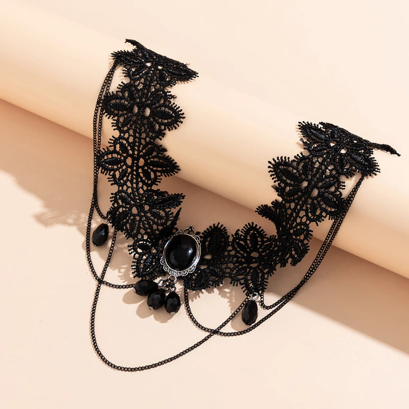 Lacteo Gothic Black Lace Rope Chain Necklace Crystal Beads Geometric Charm Chokers Collar Girls Women Party Y2K Jewelry New