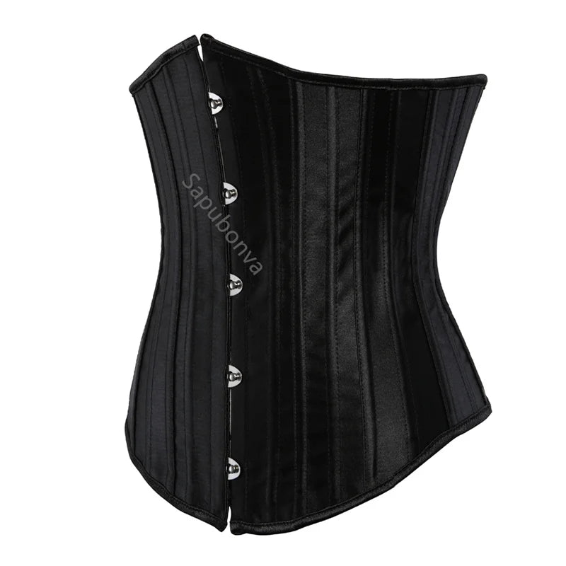 Sapubonva Underbust Corset 26 Spiral Steel Boned Body Shaper Woman Sexy Waist Control Black Satin Plus Size Corselet Top