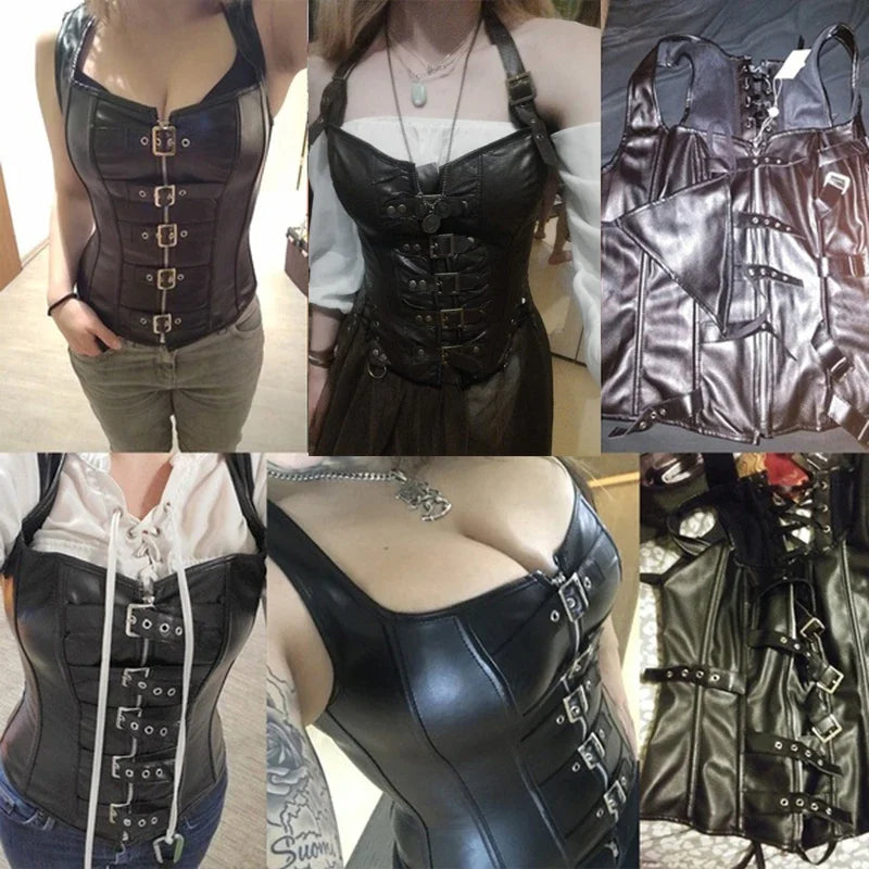 Steampunk Steel Boned Corset Top for Women Victorian Overbust Leather Waist Trainer, Gothic Lace-Up Bustier Cosplay Body Shaper
