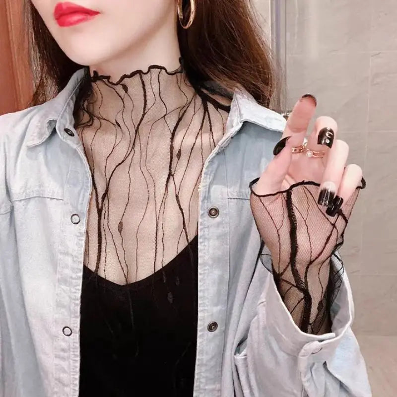 Fashion Women Long Sleeve Mesh Tops Sexy Mesh See Through Tank Tops Slim Ladies Turtleneck T-Shirt Summer Shirt Tunic For Girls