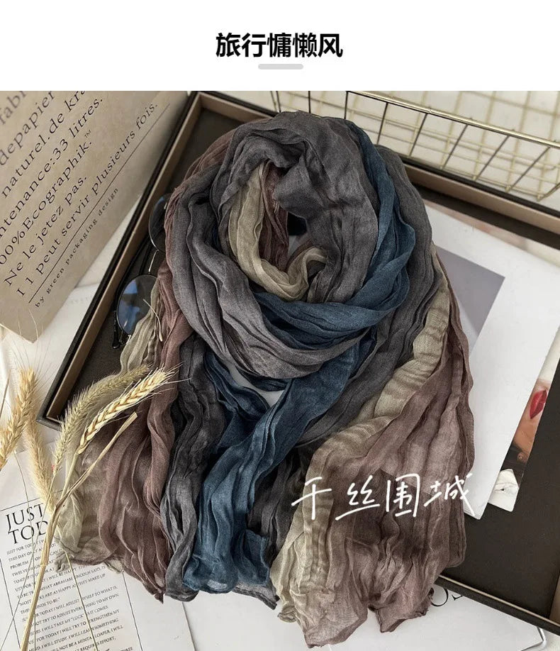 New Scarf Cotton Hemp Gradient Blue Autumn/Winter Retro Versatile Printed Women's Long Fold Shawl Elegant and Fashionable