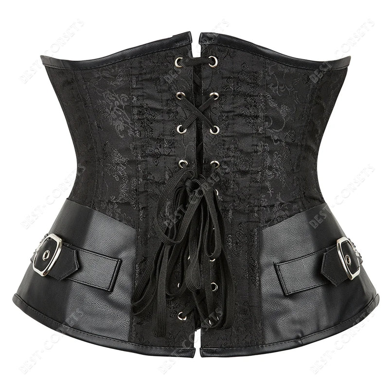 Brown Corset Women Steampunk Faux Leather Underbust Corset Steel Boned Bustier Gothic Chain Couture Corset Underbust