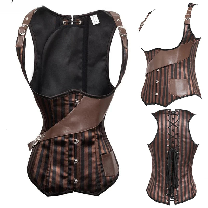 Steampunk Steel Boned Corset Top for Women Victorian Overbust Leather Waist Trainer, Gothic Lace-Up Bustier Cosplay Body Shaper