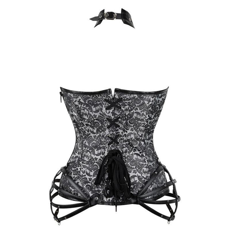 Steel Boned Corset, Gothic Steampunk, Faux Leather Details, Bustier Shapewear Waist